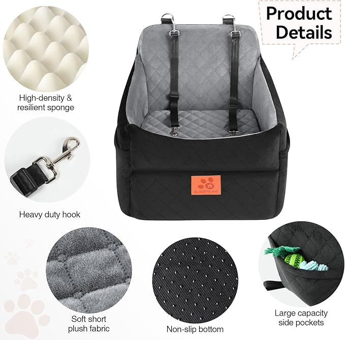Dog Car Seat for Small/Medium Dogs, Dog Booster Car Seats with Thick Cushion for Dogs Under 35lbs, Detachable Washable Pet Car Seat with Storage Pockets, 2 Safety Belts(Black/Grey)-PawvioPets