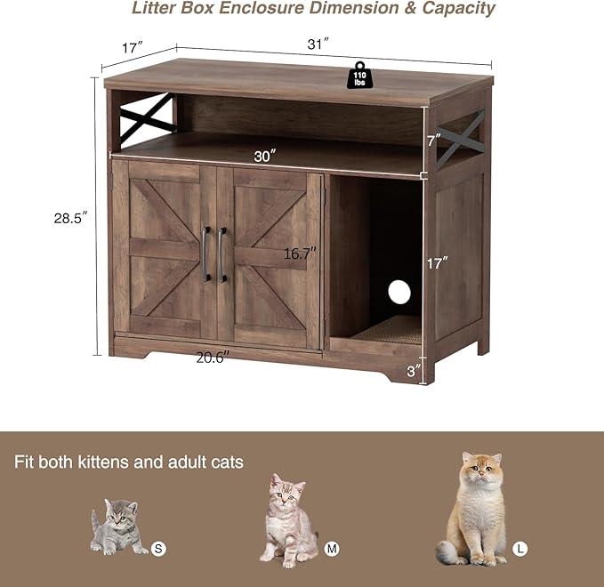 Cat Litter Box Enclosure, Hidden Litter Box Furniture with Scratch Pad, Farmhouse Indoor Cat House Washroom End Table, Retro Brown-PawvioPets