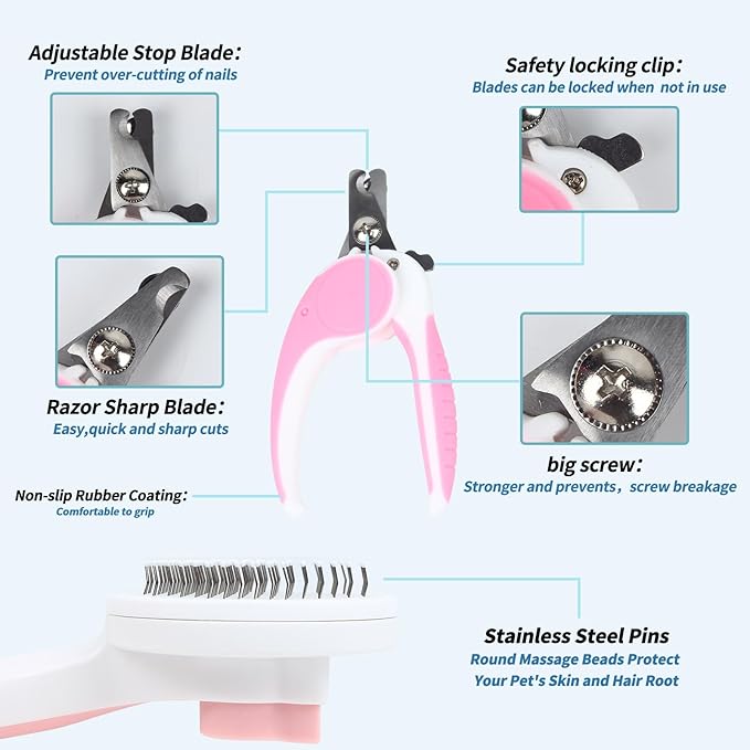 2PCS Pet Grooming Kit, Cat Brushes & Cat Nail Clipper, Cat Grooming Brush for Sedding and Grooming Fur (Pink）-PawvioPets