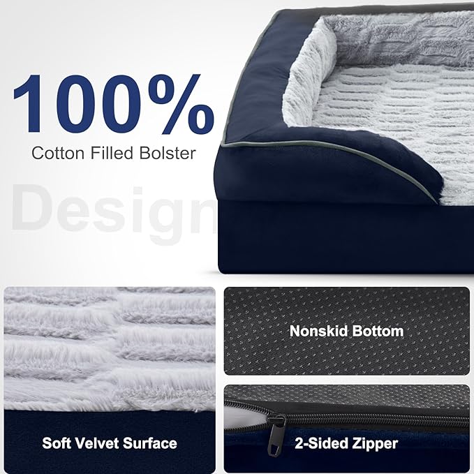FURTIME Orthopedic Dog Bed for Extra Large Dogs - XL Plus Washable Dog Sofa Beds, Supportive Foam Pet Couch Bed with Removable Washable Cover, Waterproof Lining and Nonskid Bottom, Navy Blue-PawvioPets