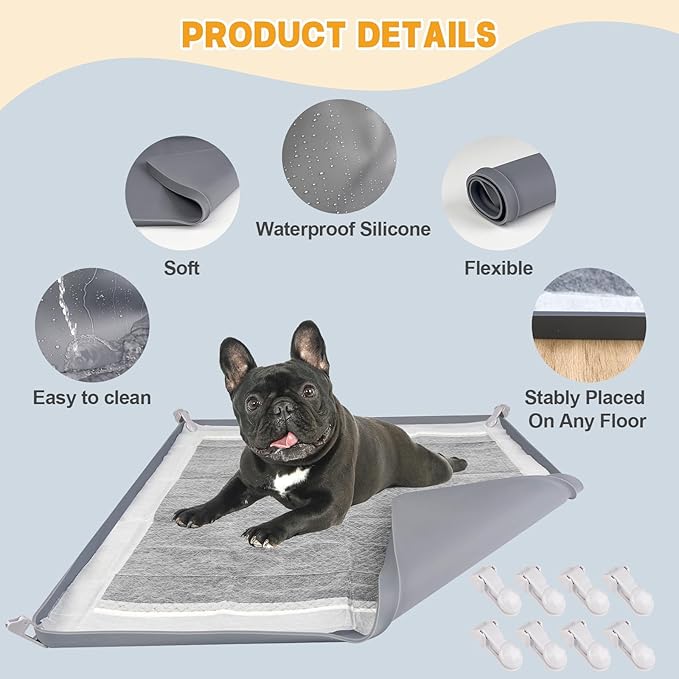 Dog Pee Pad Holder, Puppy Pad Holder Tray for 24'' x 24'' Training Pads, 15pcs Dog Potty Tray Set Include High Edge Silicone Mat & 6 Activated Charcoal Disposable Puppy Pads & 8 Holder Clamps-PawvioPets