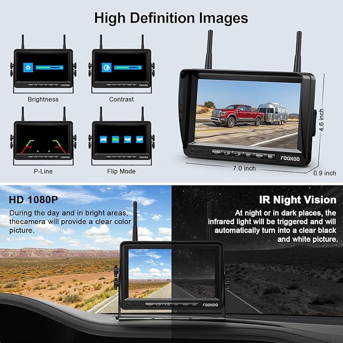 Fookoo HD 1080P 7-inch Wireless Backup Camera, 7" Split Screen Monitor + Rear View Licence Plate Camera, DIY Guide Lines Wide Angle IP69 Waterproof Easy to Install for Car Pickup Van SUV - DW7CT-PawvioPets
