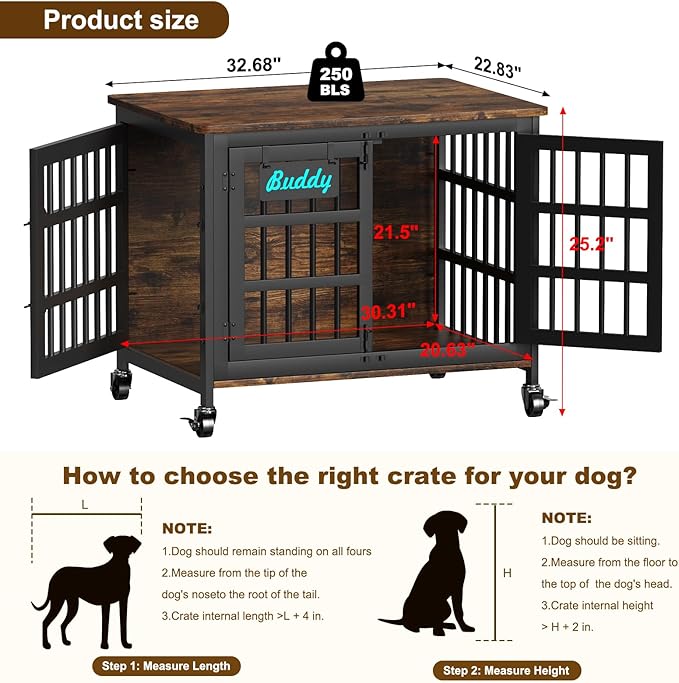 EasyCom 33"/27" Dog Crate Furniture with Name Tag, Heavy Duty Dog Kennel Indoor for Medium and Small Dogs, Double-Doors Sturdy Metal Dog Cage, Decorate House as TV Stand, End Table, Bedside Table-PawvioPets