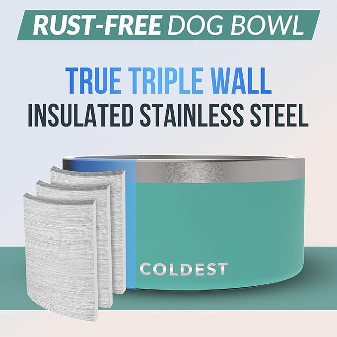 Coldest Dog Bowl - Anti Rust Metal, Non Slip, 3 Layers Insulated Stainless Steel Dog Bowls - Spill Proof & Heavy Duty - Water Bowl for Dogs, Cats & Pets, Dish Washer Safe (200 oz, Terraform Green)-PawvioPets