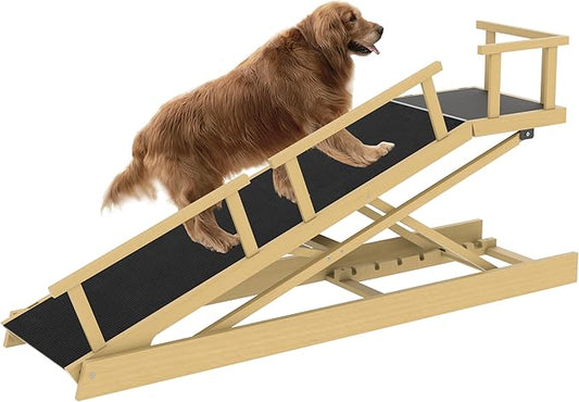 6 Level Height Adjustable Dog Ramp for Bed, Couch 65" Foldable Pet Ramp with Non-Slip Mat，DIY Glow Strips & Rest Platform Heavy Duty Dog Stairs for Large Dogs up to 200Lbs ，Wood Color-PawvioPets