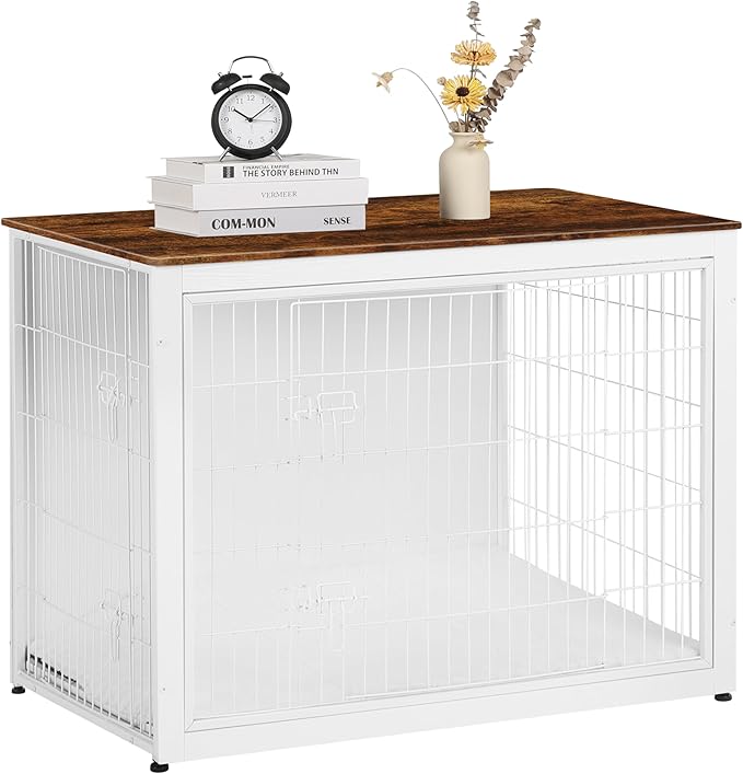 DWANTON Dog Crate Furniture with Cushion, Wooden Kennel Table with Double Doors, Indoor Dog House, Extra Large Size, 43.3" L, White+Rustic Brown-PawvioPets