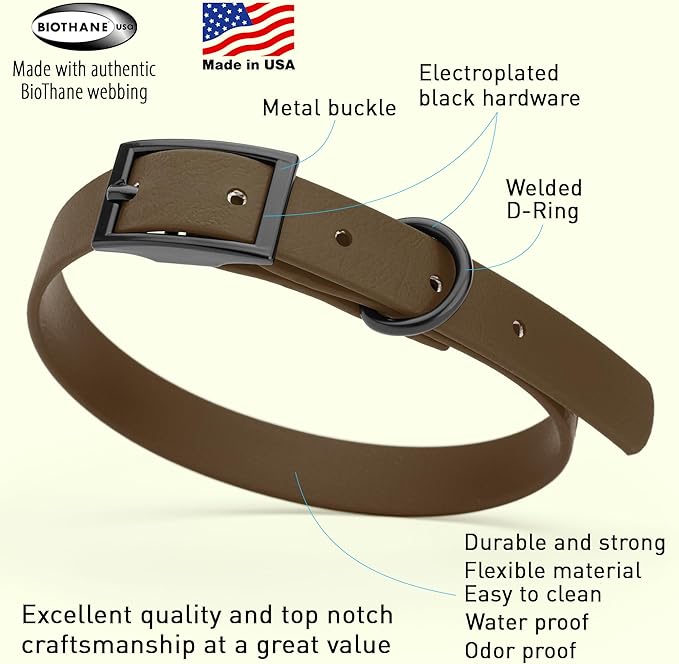 Dogline Biothane Waterproof Dog Collar Strong Coated Nylon Webbing with Black Hardware Odor- Proof for Easy Care Easy to Clean High Performance Fits Small Medium or Large Dogs, Dark Chocolate Brown-PawvioPets