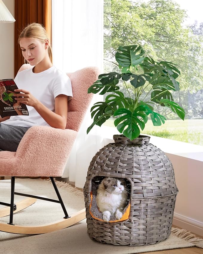 Cat Litter Box Plant Enclosure, Hidden Handwoven Rattan with Cat Litter Box Furniture and Artificial Plants, Odor Control Filter, Real Stones in Living Room, Bedroom, Corner (Gray)-PawvioPets