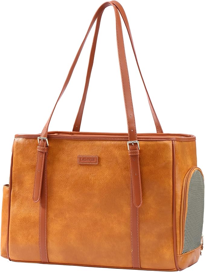 Fashion Dog Purse Pet Carrier Leather Bag for Small Dogs Cats Puppy, Portable Tote Bag Airline Approved Soft-Sided Carriers (Brown)-PawvioPets