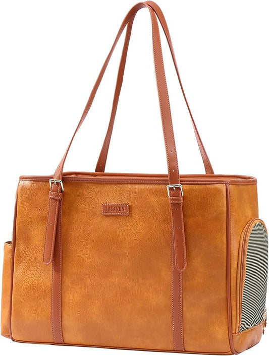 Fashion Dog Purse Pet Carrier Leather Bag for Small Dogs Cats Puppy, Portable Tote Bag Airline Approved Soft-Sided Carriers (Brown)-PawvioPets
