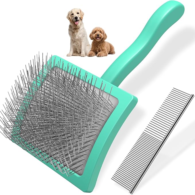 2PCS Slicker Brush for Dogs & Pet Comb,Professional Dog Grooming Brush (Goldendoodles,Poodles,Labradoodles) with Extra Long Pins to Effectively Remove Tangles, Knots and Mats (Cyan)-PawvioPets