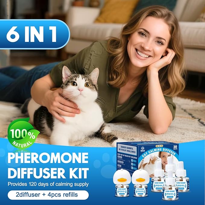 Cat Calming Pheromones Diffuser: 6-in-1 Kit Cat Appeasing Pheromone Diffuser to Calm (2 Plugin+4x48ml Refills) for Comfort Reduces Stress Anxiety, Long-Lasting Appeasing Pheromone for Pet Cat (6in1)-PawvioPets