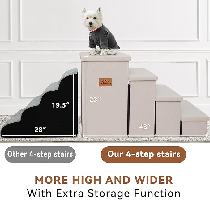 Dog Stairs with Storage 23" H, 4-Step Wider Dog Steps for High Beds Window, Folding Sturdy Pet Stairs Gift for Small/Medium/Large Old Dogs Cat, Ramp for Climbing Car Up to 200 lbs, Beige-PawvioPets