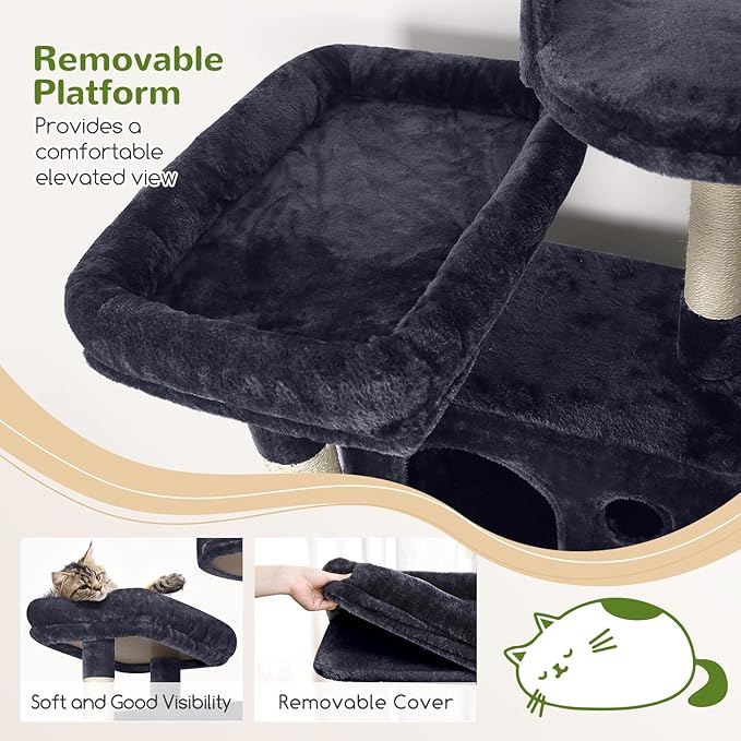 Globlazer Cat Tree, 70 inch Tall Scratching Tower Multi-Level Cat Condo for Indoor Multiple Cats with 2 Large Cat Caves, Top Perch, Large Platform, Bottom Swing, F70B, Dark Grey-PawvioPets