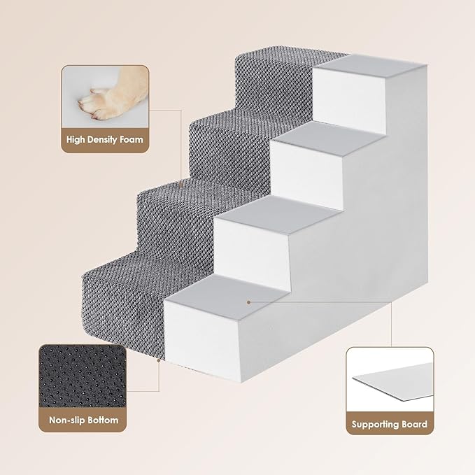 EHEYCIGA Dog Stairs for Bed 18" H, 4-Step Dog Steps for High Bed, Pet Steps for Small Dogs and Cats, Non-Slip Balanced Pet Ramp Indoor, Grey-PawvioPets