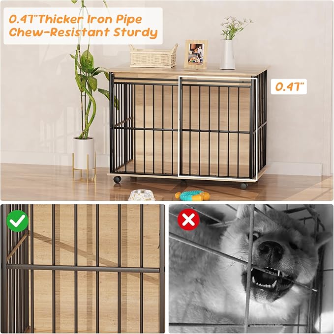 43.7" Dog Crate Furniture, XL Dog Crate Dog Kennel Indoor with Wheels for Large Medium Small Dogs, Wooden Dog Kennel End Table with Sliding Door Wooden Furniture Crates for Living Room, Bedroom-PawvioPets