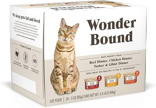 Amazon Brand - Wonder Bound Wet Cat Food, Pate, No Added Grain, Variety Pack (Beef/Chicken/Turkey & Giblet), 3 ounce (Pack of 24)-PawvioPets