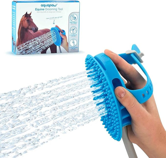 Aquapaw 5-in-1 Horse & Dog Bath Brush & Curry Comb - XL Blue Silicone - Includes 3-ft Shower Hose Attachment & Adapter - Adjustable Spray Scrub Massager - Dog Grooming Supplies-PawvioPets
