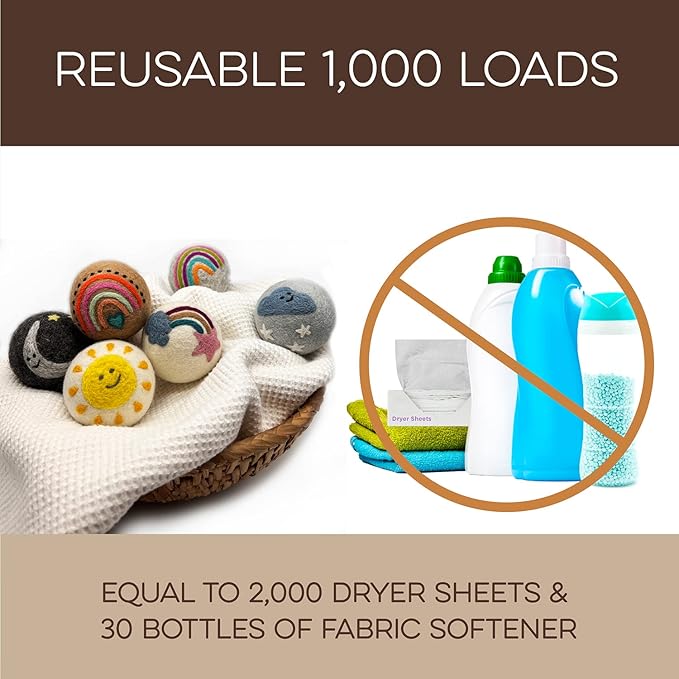 Fluff Ewes Wool Dryer Balls 6 Pack Premium New Zealand Wool Laundry Balls for Dryer, No Static Dryer Balls Laundry Reusable, XL Wool Dryer Balls Cute, Baby Dryer Balls for Dryers - Rainbow or Shine-PawvioPets