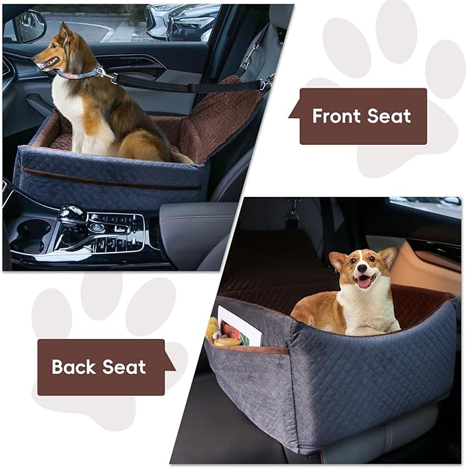 Dog Car Seat for Small Medium Dogs, Soft Fabric Dog Booster Seat with Storage Pockets, Safety Belt, Comfy Pet Car Seat Travel Bed, Removable and Washable-PawvioPets
