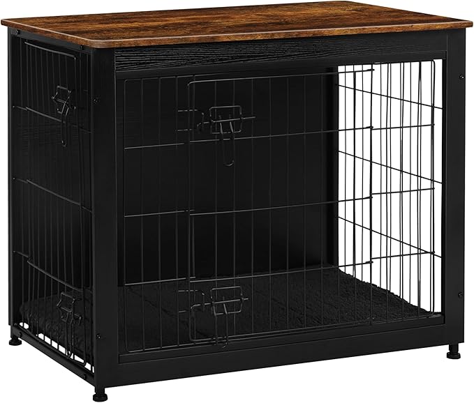 DWANTON Dog Crate Furniture with Cushion, Wooden Kennel Table with Double Doors, Indoor Dog House, Medium Size, 32.5" L, Black+Rustic Brown-PawvioPets