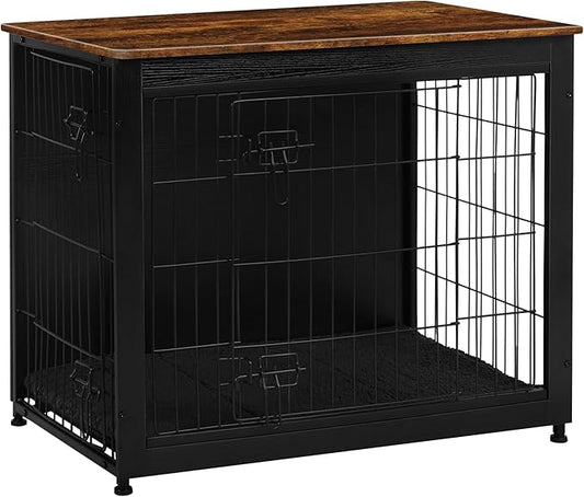 DWANTON Dog Crate Furniture with Cushion, Wooden Kennel Table with Double Doors, Indoor Dog House, Medium Size, 32.5" L, Black+Rustic Brown-PawvioPets