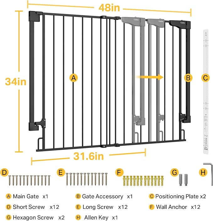 Cumbor 34" Extra Tall No Bottom Bar Baby Gate for Stairs, Auto Close Dog Gate Indoor for Larger Pets, 31.6-48" Hardware Mounted Safety Gate for Doorways, Wide Walk Thru Door for Easy Access (Black)-PawvioPets