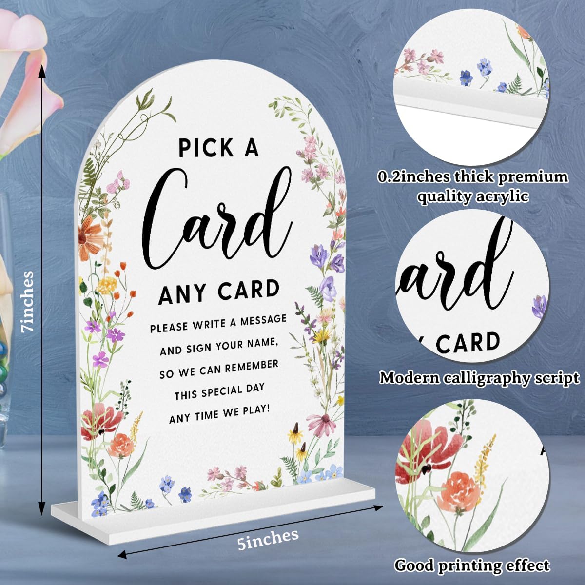 Acrylic Wedding Signs, Pick A Card Signs for Marriage Reception, Bridal Shower Decorations, Modern Arched Round Top Acrylic Table Top Sign with Holder for Wedding Party Dinner (White Wildflowers)