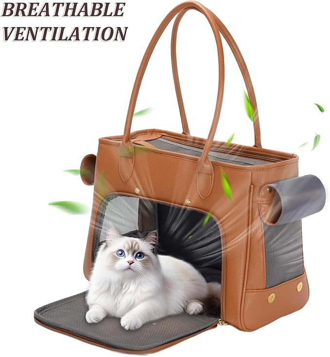 Fashion Pet Carrier Purse for Small Cat and Dog, Luxury Pu Soft-Sided Tote Bag with Large Pockets for Dogs and Puppies (Brown, 15.8" L x 7.5" W x 11.8" H)-PawvioPets