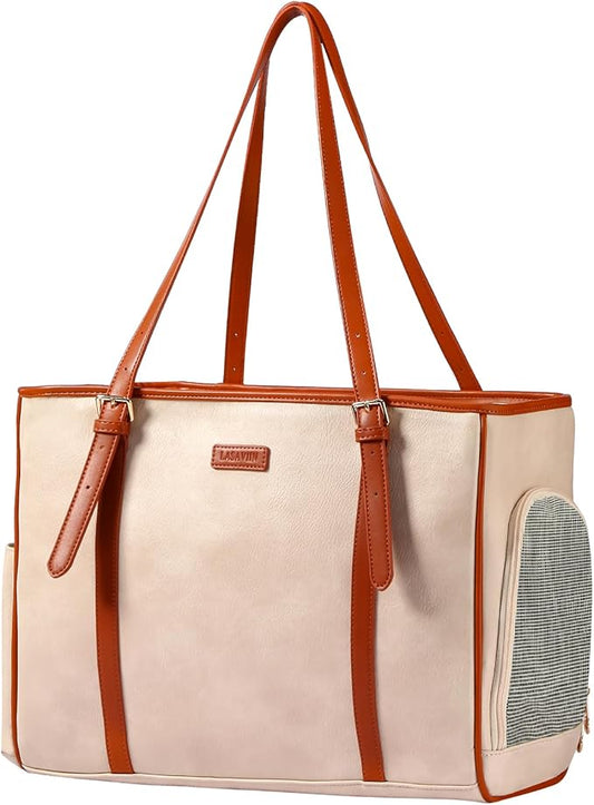 Fashion Dog Purse Pet Carrier Leather Bag for Small Dogs Cats Puppy, Portable Tote Bag Airline Approved Soft-Sided Carriers (Beign)-PawvioPets