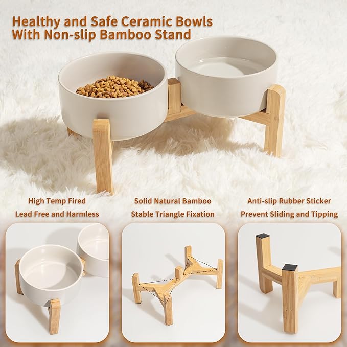Elevated Ceramic Dog Bowl Set - Raised Dog Bowls with Non-Slip Bamboo Stand - Dog Food and Water Bowl Set - Double Dog Feeding Bowls - Suitable for Small and Medium Dogs - 28.74 OZ - 3.6 CUPS - 850 ML-PawvioPets