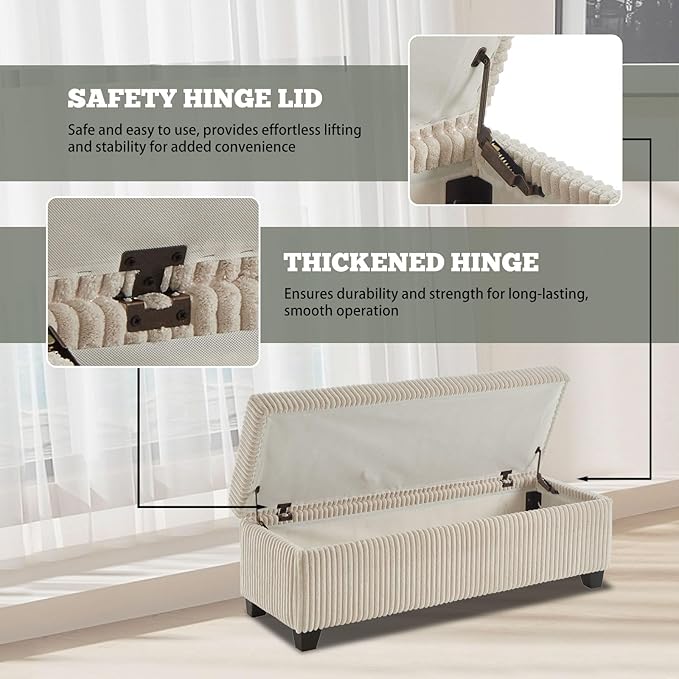 48" Ottoman with Storage, Corduroy Storage Ottoman Bench for Bedroom, End of Bed Bench with Safety Hinge for Living Room, Bedroom, Entryway, Beige-PawvioPets
