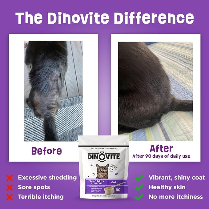 Dinovite for Cats Supplement - Immune + Digestive, Skin + Coat Support, Vitamins, Minerals, Omega 3, Enzymes, Probiotics. Reduces Shedding, Dry Skin, Itching, Stinking, Bald Spots, Seasonal Issues-PawvioPets