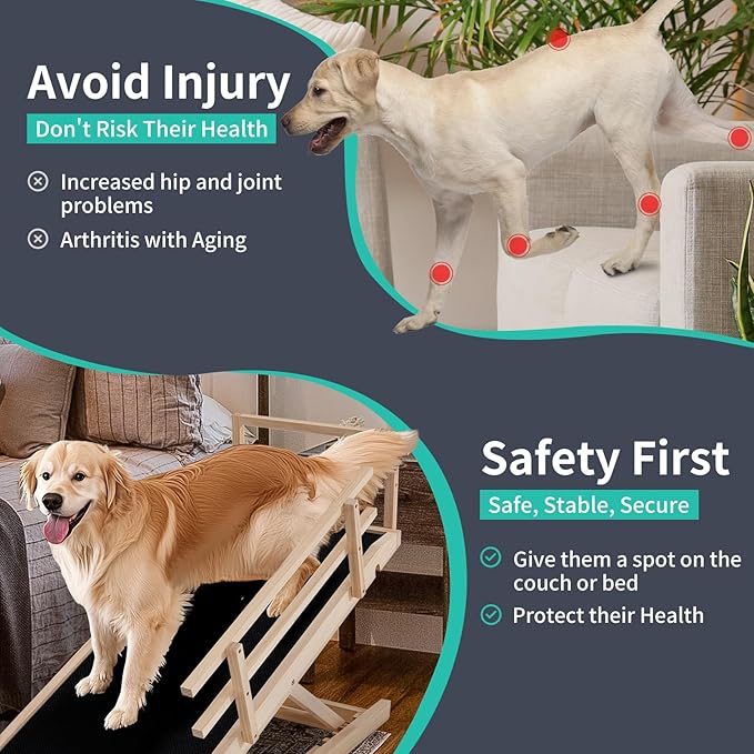 Dog Ramp, 5 Level Adjustable Height Folding Pet Ramp for High Bed, Portable Paw Ramps Large Bed Ramp for Medium & Large Old Dogs & Cats - Natural Wood Furniture Quality-PawvioPets