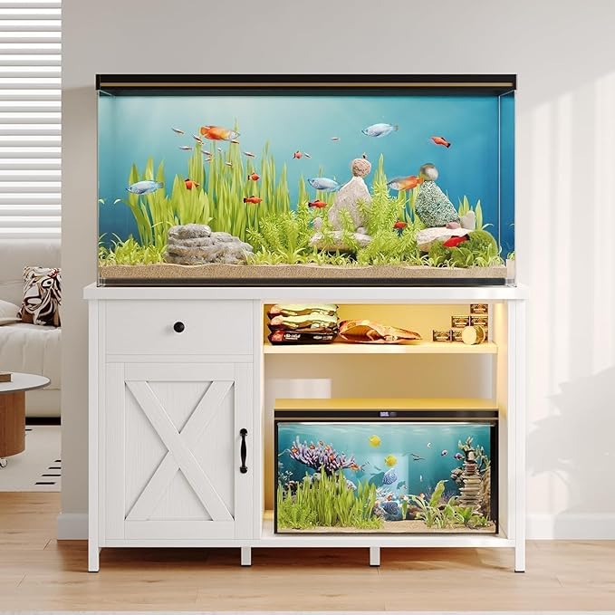 55 Gallon Fish Tank Stand with LED Light & Power Outlets, 55-75 Gallon Aquarium Stand with Drawer & Barn Door, 50" L x 20" W Cabinet for 2 Fish Tank Accessories Storage, Turtle Tank, Antique White-PawvioPets