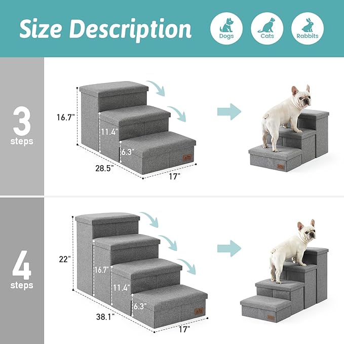 Dog Stairs with Storage, 4-Step Wider Sturdy Dog Steps for Small/Medium/Large Dogs and Older Cats, Folding Doggie Ramp for Bed/Couch/Car Hold Up to 180 lbs (22" H, Grey)-PawvioPets