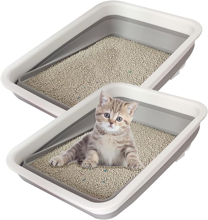 2 Pack Collapsible Small Cat Litter Box, Open Kitten Litter Potty Pan Low Entry Pet Kitty Toilet Foldable Waterproof Travel Toilet for Sick Frail Kitty 14.6 x 10.6 x 4.8 inches Grey-PawvioPets