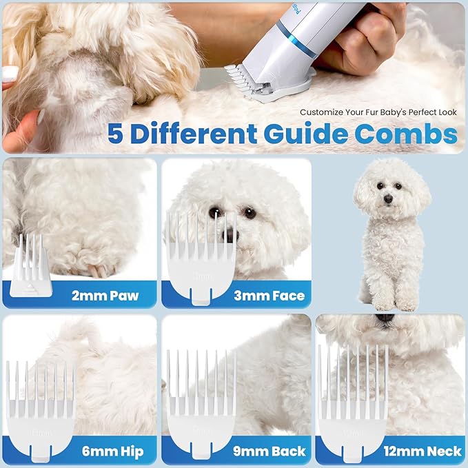 3-in-1 Dog & Cat Grooming Kit - Rechargeable Cordless Pet Hair Clippers with Nail Grinder & Paw Trimmer & 5 Guide Combs, Low Noise Dog Clippers for Grooming Small Medium Pets-PawvioPets