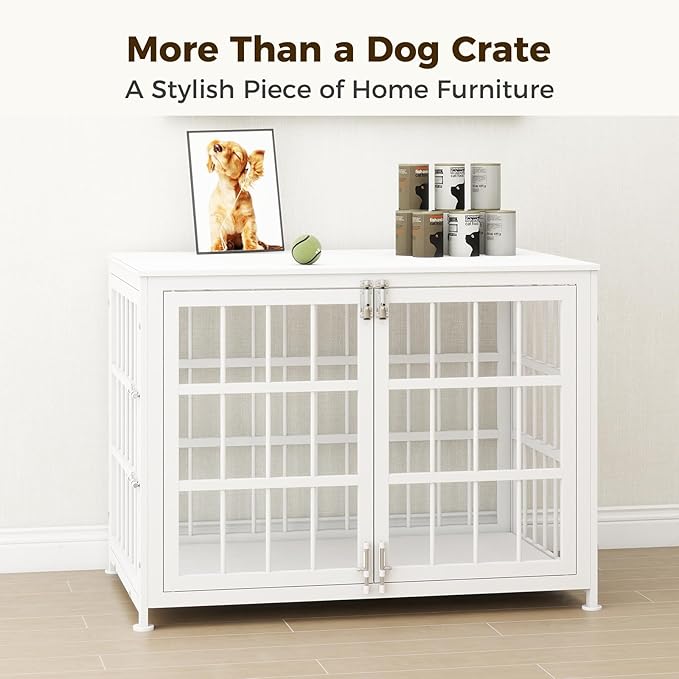 32 Inch Heavy Duty Wooden Dog Kennel End Table with Double Door Design and Secure Locks, Indoor Pet Crate Furniture for Medium Dogs, Decorative Home Cage Design,White-PawvioPets