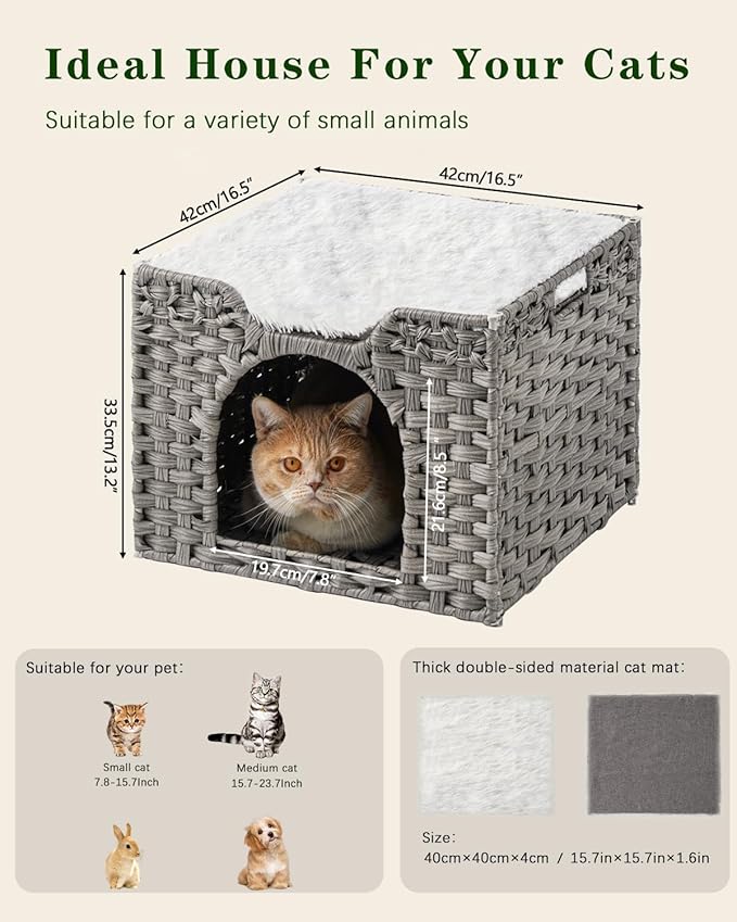 Cat Beds Indoor Kitten House, Handwoven Rattan Cat Cave Pet Cube, Large Cat Houses, One Bed Mat, Foldable, Hideaway, 16.5x16.5x13.2 Inches, 2 S-Shaped Hooks in Living Room Bedroom Gray-PawvioPets