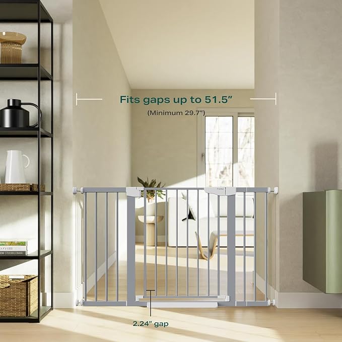 Cumbor 29.7"-51.5" Extra Wide Baby Gate for Stairs, Mom's Choice Awards Winner-Dog Gates for Doorways, Pressure Mounted Walk Through Pet Gate Indoor, Safety Auto-Close Child Gate for Kids, Gray-PawvioPets