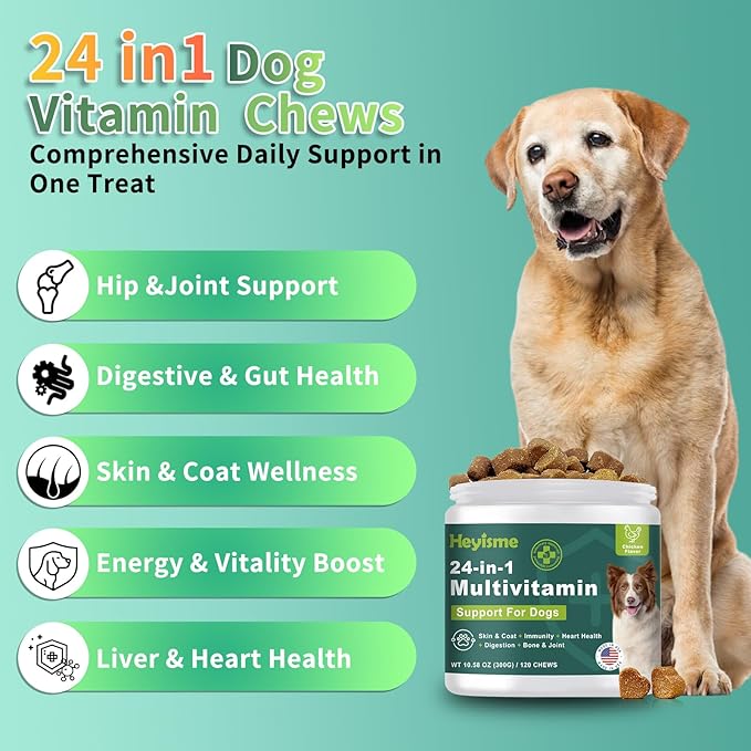 Dog Multivitamin, Glucosamine Chondroitin for Dogs, Dog Vitamins and Supplements, Probiotics, Krill Oil for Hip & Joints, Skin, Coat, Immune Health, Heart, Digestion (120 Chews, Chicken)-PawvioPets