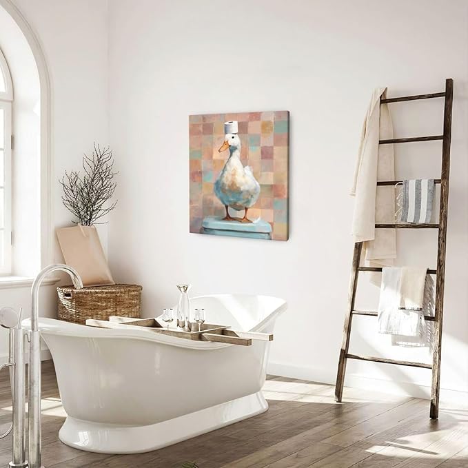 Funny Duck Bathroom Wall Art Cute Duck on Toilet Canvas Wall Decor Funny Quirky Farm Animal Pictures Painting Print Framed Artwork Decorations Gifts for Bathroom 20"x24"-PawvioPets