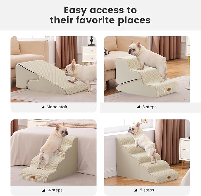Gardner Pet Dog Stairs for Small Dogs 16.5" H, 2 in 1 Transformable 3-Step Pet Stairs and Dog Ramp for Couch (13-20 in), Beige Adjustable Pet Steps with Non-Slip Waterproof Cover and CertiPUR-US Foam-PawvioPets