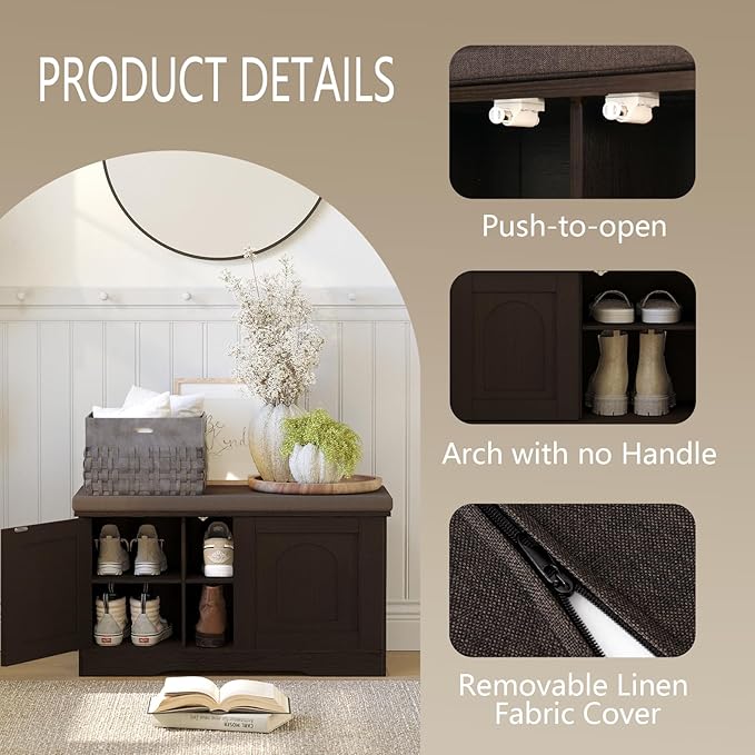 DINZI LVJ Shoe Bench, Entryway Storage Bench with Doors, Cushion, 2-Tier Shoe Rack with 6-Cubby, 31.5”L x 13.8”W Shoe Organizer Cabinet, Adjustable Shelf, Living Room, Bedroom, Espresso-PawvioPets