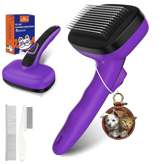 3 PCS Dog Grooming Brush Kit – Self Cleaning Slicker Brush for Shedding Short & Long Haired Dogs & Cats. Removes Loose Fur, Undercoat, Mats, Tangles for Small, Medium & Large Pets. Purple-PawvioPets