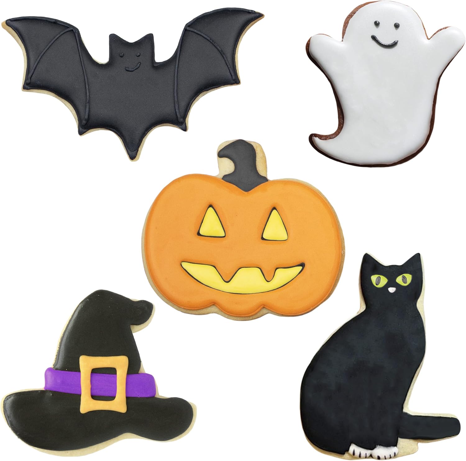 Halloween Cookie Cutters Premium 5-Pc. Set Made in USA by Ann Clark, Pumpkin, Ghost, Bat, Black Cat, Witch Hat