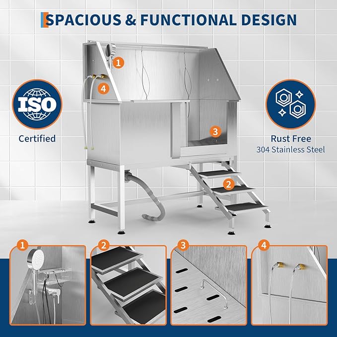 50" Stainless Steel Professional Dog Washing Station - Pet Bathing Tub w/Non-Slip Stairs | Slip-Resistant Floor Grate | for Large/Medium/Small Dogs-PawvioPets