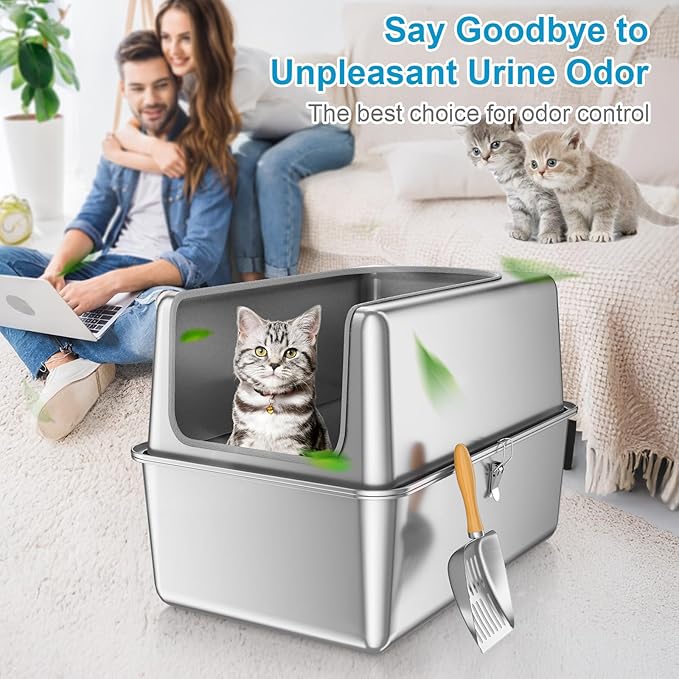 16'' High Sides XXXL All Stainless Steel Cat Litter Box with Lid,8'' Deep Metal Litter Box for Big Cats,Extra Large Litter Boxes with High Wall Enclosure,Anti-Leakage,Never Absorbs Odors,Non-Sticky-PawvioPets