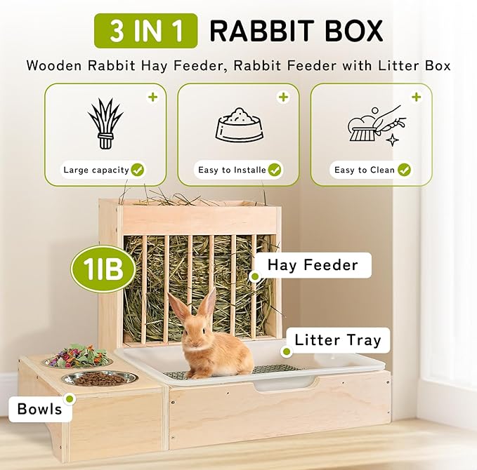 3 in 1 Extra Large Rabbit Hay Feeder with Litter Box, Wooden Bunny Toilet, for Large and Medium-Sized Dwarf Rabbit, Guinea Pig, Chinchillas, Hamster, Ferret, Other Animals-PawvioPets